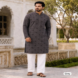 Men’s Chikankari Schiffli Work Long Kurta Pyjama Set